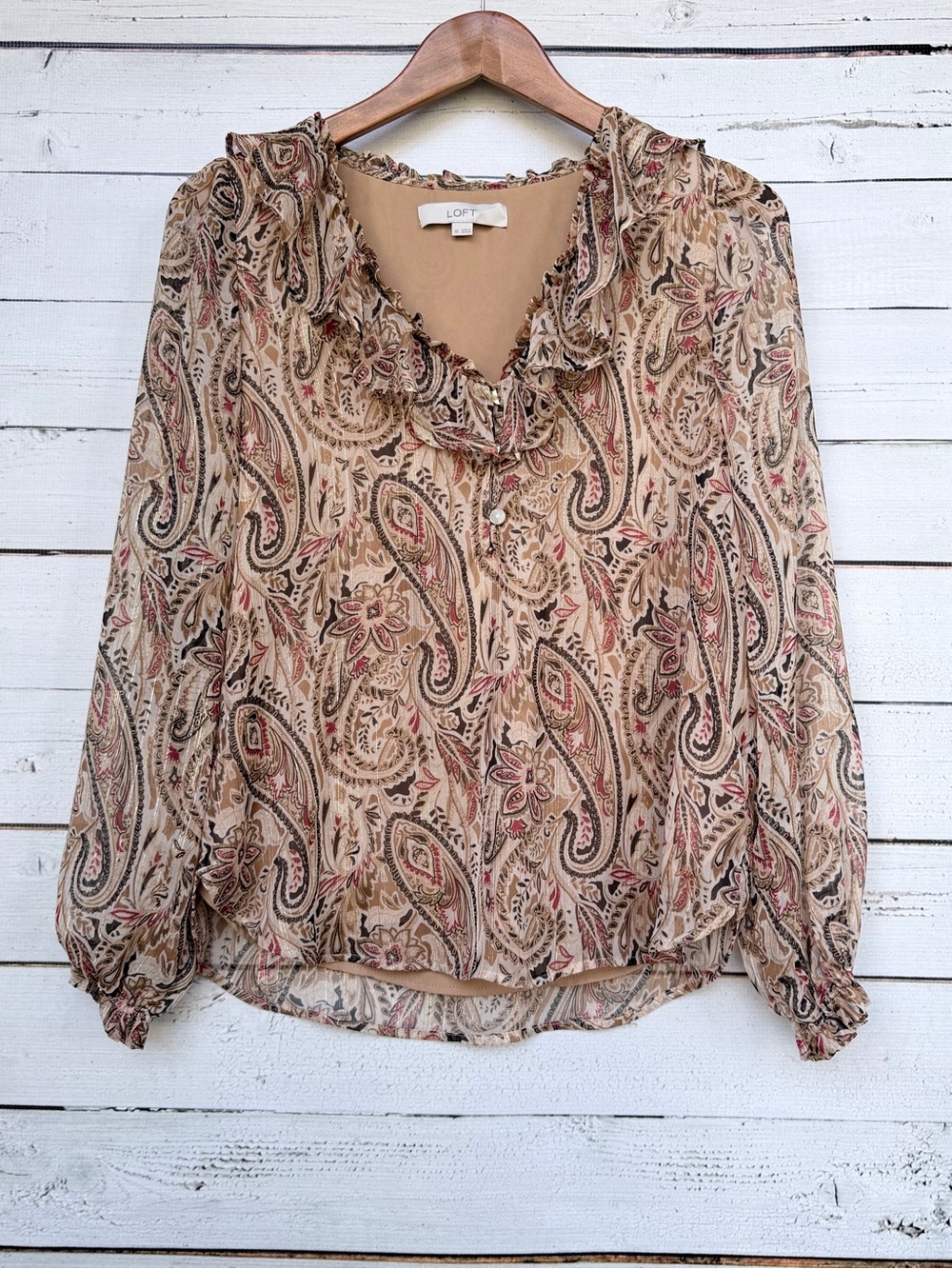 LOFT Paisley Ruffle V-Neck Long Sleeve Blouse- Small